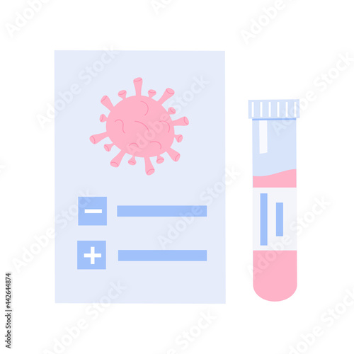 Medical Test Result. Covid-19 certificate with testing tube icon. Coronavirus bacteria and document with positive or negative checkbox. Vector flat elements isolate on white background.