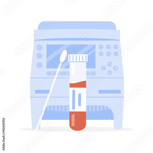 Covid-19 RT PCR machine and testing tube with swab sample or probe with blood. Thermocycler for Coronavirus test. Thermal cycler for polymerase chain reaction. DNA amplifier. Vector illustration.
