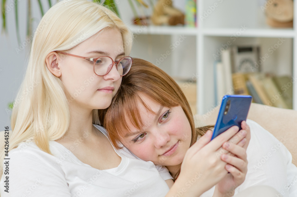 Happy lesbian couple embracing and using smartphone. Lesbian couple concept Happy lesbian couple embracing and using smartphone. Lesbian couple concept