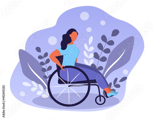vector hand drawn illustration - a girl in an active wheelchair and flowers. trend illustration in flat style