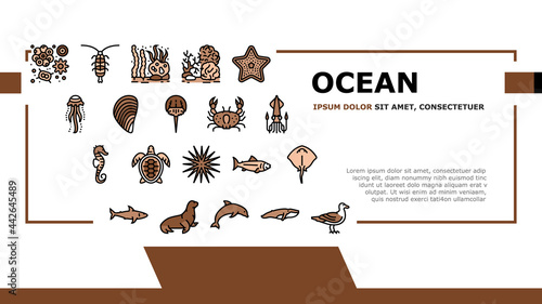 Ocean Underwater Life Landing Header Vector. Ocean Fish And Star, Jellyfish And Turtle, Crab And Skate, Mussels And Phytoplankton Illustration