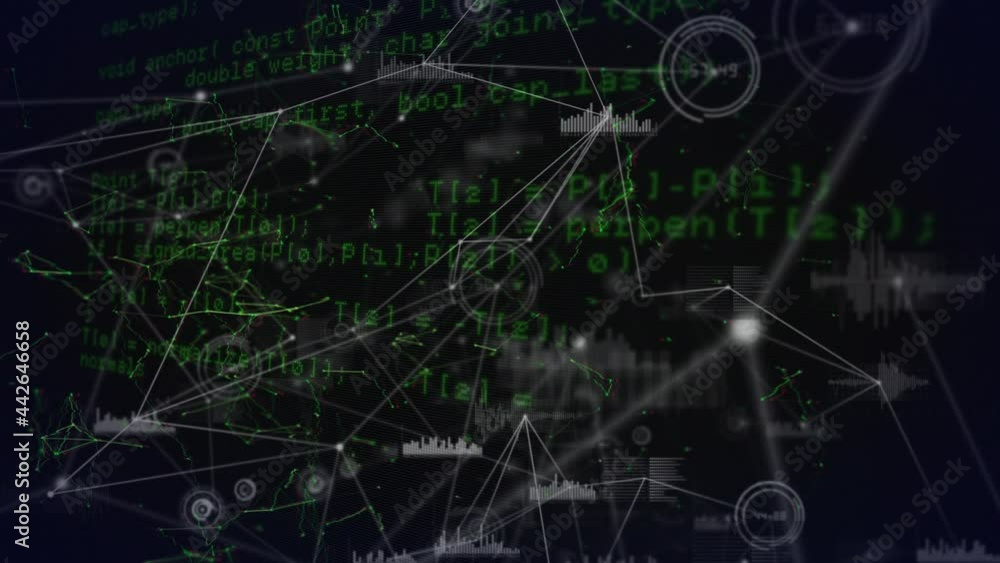 Animation of network of connections with icons over data processing Animation of network of connections with icons over data processing
