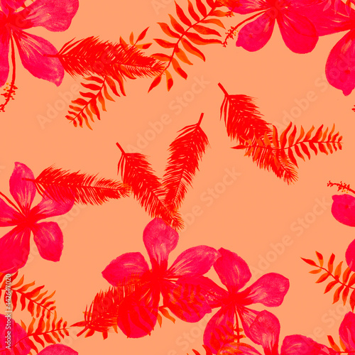 Pink Seamless Texture. Ruby Pattern Botanical. Red Tropical Texture. Coral Flower Painting. Scarlet Drawing Hibiscus. Spring Background. Flora Vintage. Floral Plant.