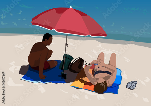 Sunbathing People on the Sandy Beach - Colored Illustration with Summer Theme for your Graphic Projects, Vector 