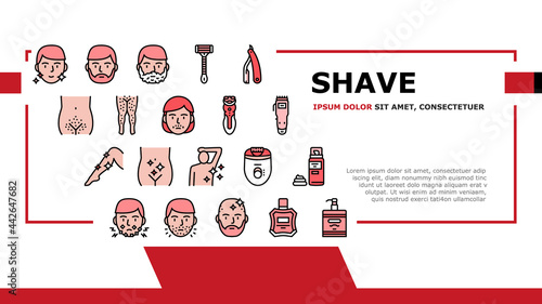 Shave Treat Accessory Landing Header Vector. Razor For Shave Mustache And Beard, Epilator Device And Lotion For Shaving Leg Hair Illustration
