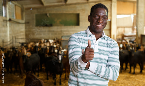 Portrait of happy successful African-American man professional goat breeder in stall on goat farm