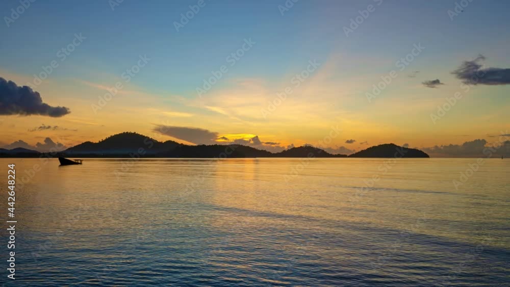 Time lapse of Majestic sunset or sunrise landscape Amazing light of nature cloudscape sky and Clouds moving away rolling colorful dark sunset clouds with reflection in water sea surface Amazing view