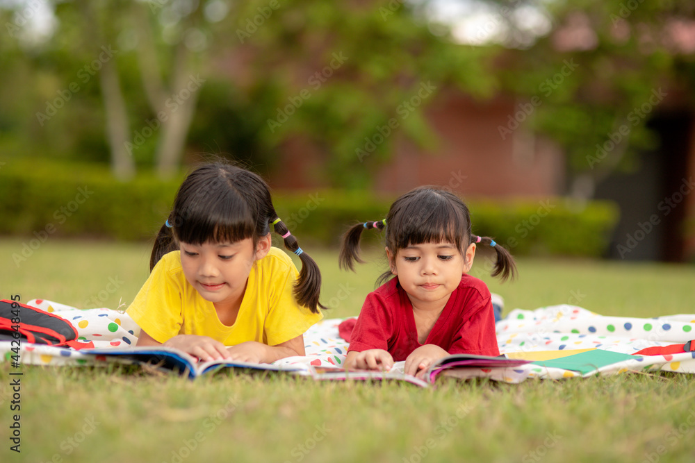 Little Girl and sister reading a book together in the park. Adorable Asian kids enjoying studying outdoors togther. Education, intelligence concept Little Girl and sister reading a book together in the park. Adorable Asian kids enjoying studying outdoors togther. Education, intelligence concept