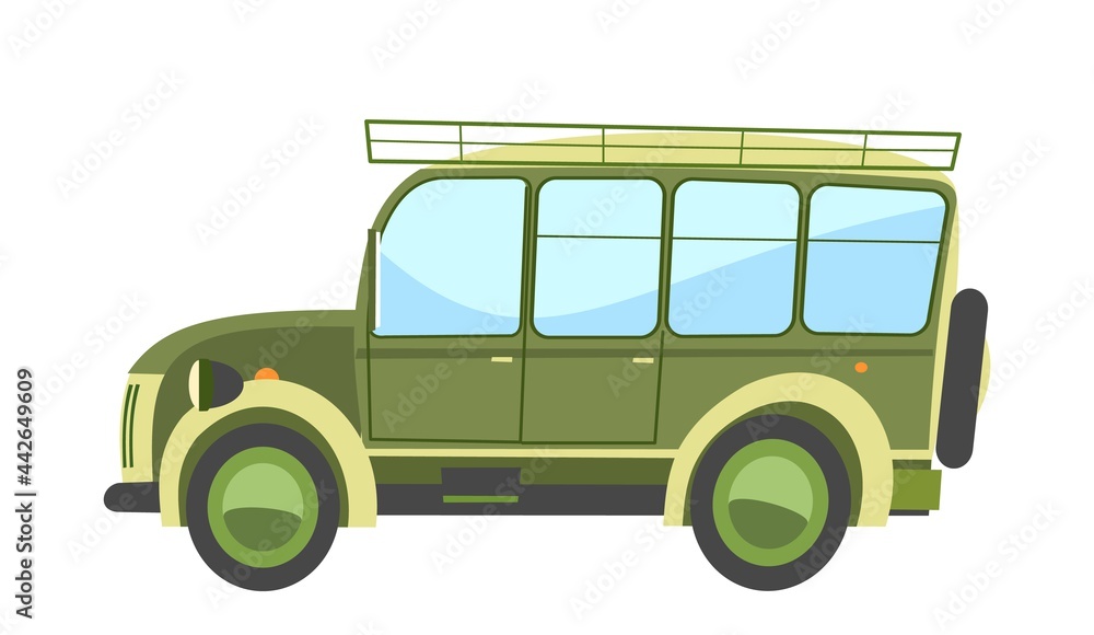 Car off road. Cartoon comic funny style. Side view. Beautiful green Automobile. Auto in flat design. Childrens illustration. Isolated on white background. Vector Car off road. Cartoon comic funny style. Side view. Beautiful green Automobile. Auto in flat design. Childrens illustration. Isolated on white background. Vector