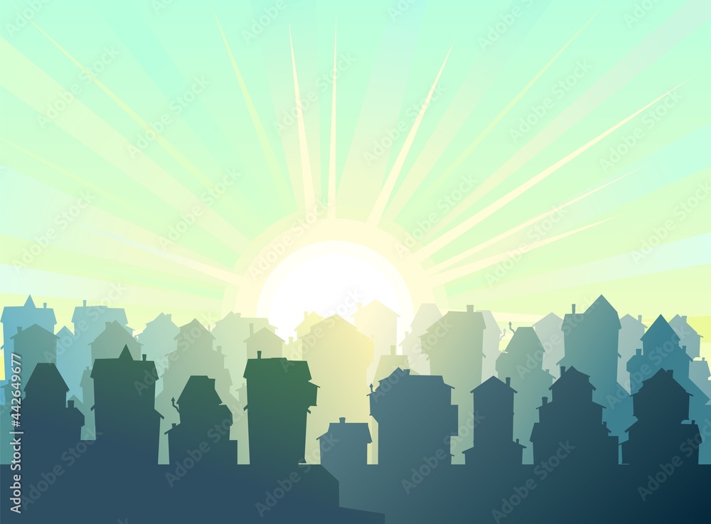 Town. Silhouette of cartoon houses of the village or city. Street. Morning and sun with rays. Nice cozy private residence in traditional style. Nice funny home. Illustration. Vector