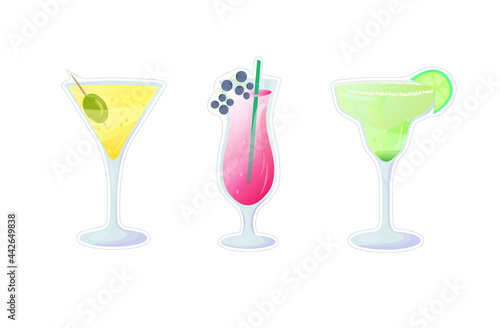 stickers of tasty summer cocktails with fruits