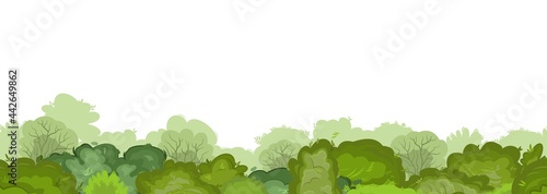 Dense thickets of bushes and tops of forest trees. Seamless. Summer green landscape with lush foliage. Trees can be seen in the distance. Seamless isolated illustration on white. Vector