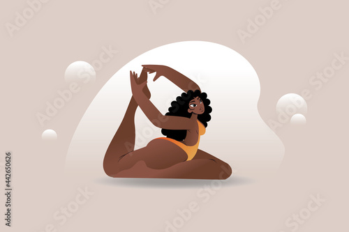 Women doing yoga at home studying cool distance vector illustration. Girl in a yoga pose.