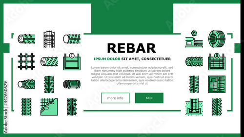 Rebar Construction Landing Header Vector. Threaded And Hardened Steel Fittings, Metal And Basalt Rebar Production, Concrete Floor And Wall Illustration