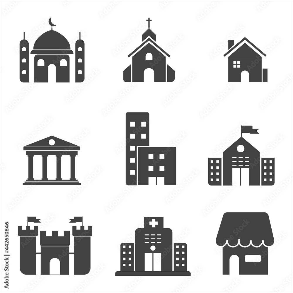 Buildings icon set.mosque, church, house, university, hotel, school, castle, hospital, and shop. vector illustration isolated on white.
