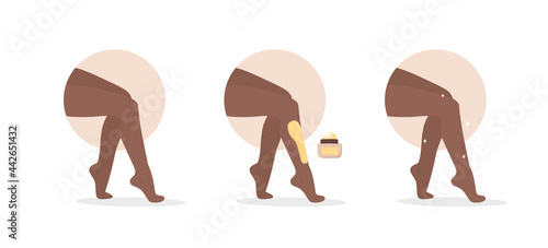 Hair removal. Wax epilation. Perfect smooth african female legs. Before and after. Step by step procedure of depilation. Vector illustration in flat cartoon style. Skin care concept.