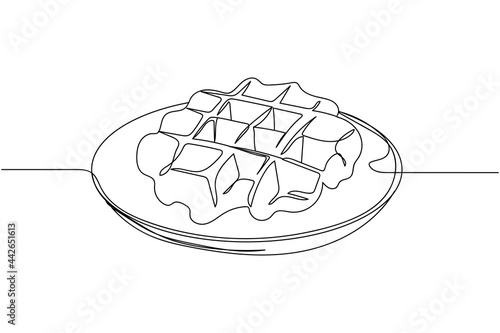 Continuous one line of freshly baked belgian waffle in silhouette on a white background. Linear stylized.Minimalist.
