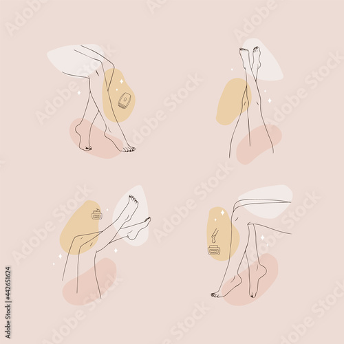 Laser epilation and cosmetology. Female smooth legs. Hair removal procedure. Skin care and SPA concept. Vector Illustration of elegant feet in a trendy minimalist style. Linear logo.