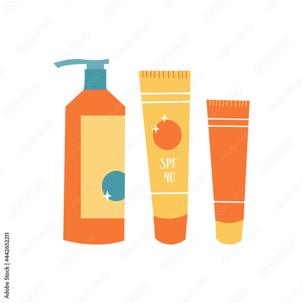 Sunscreen products in different bottles. Sunblock lotion, oil, gel, moisturizer, spray. UV protection, skin care with SPF. Vector flat cartoon illustration Sunscreen products in different bottles. Sunblock lotion, oil, gel, moisturizer, spray. UV protection, skin care with SPF. Vector flat cartoon illustration