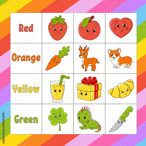 Learning colors. Flashcard for kids. Cute cartoon characters. Picture set for preschoolers. Education worksheet. Vector illustration.