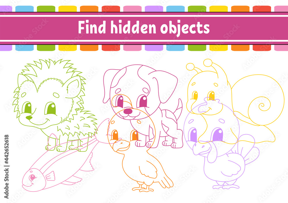 Obraz premium Find hidden object. Education developing worksheet. Activity page with pictures. Color contour. Logical thinking training. Isolated vector illustration. Funny character. Cartoon style.