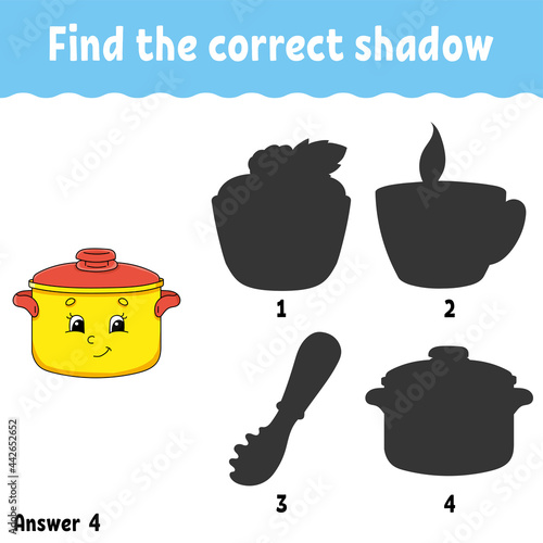 Find the correct shadow. Education developing worksheet. Matching game for kids. Activity page. Puzzle for children. Cartoon character. Isolated vector illustration.