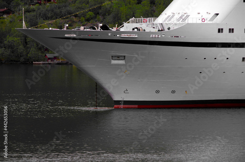 Kreuzfahrt in die Fjorde von Norwegen bei Flam  - Landscape cruising with classic luxury cruiseship or cruise ship liner in Norwegian Aurland  Fjord with breathtaking nature scenery in Flam photo