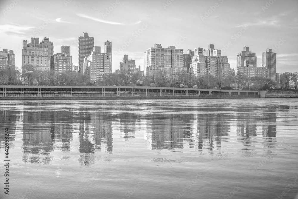 Brooklyn skyline view from Roosevelt Island in black and white