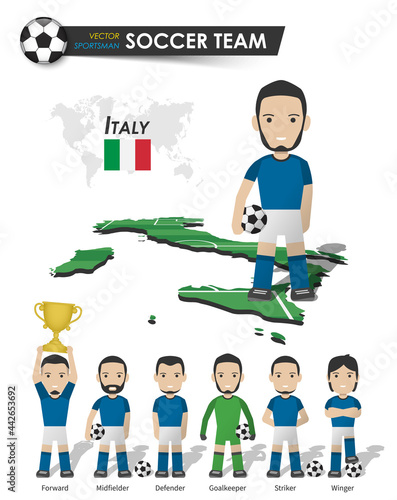 Italy national soccer cup team . Football player with sports jersey stand on perspective field country map and world map . Set of footballer positions . Cartoon character flat design . Vector .