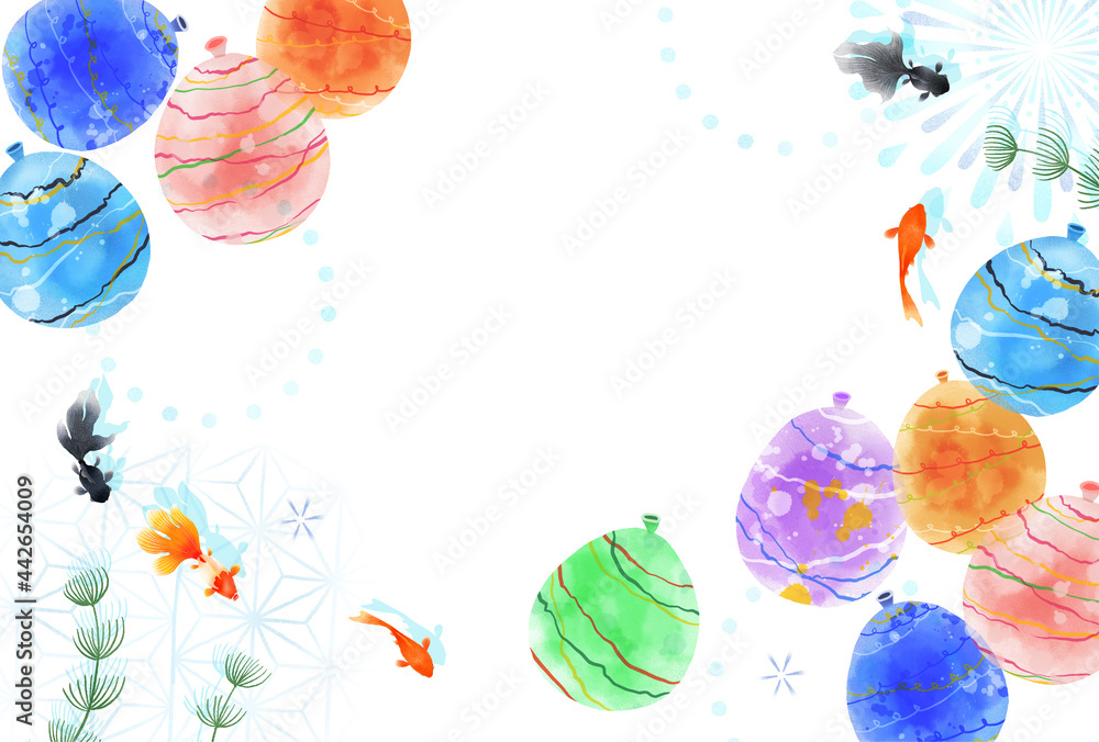 涼しい夏祭りのヨーヨー水風船と金魚の手描き水彩イメージ Stock Illustration Adobe Stock