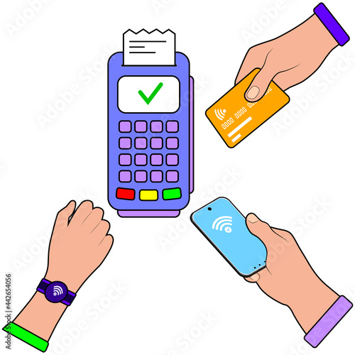 Contactless payment. Credit card. POS terminals, NFC technology. Vector