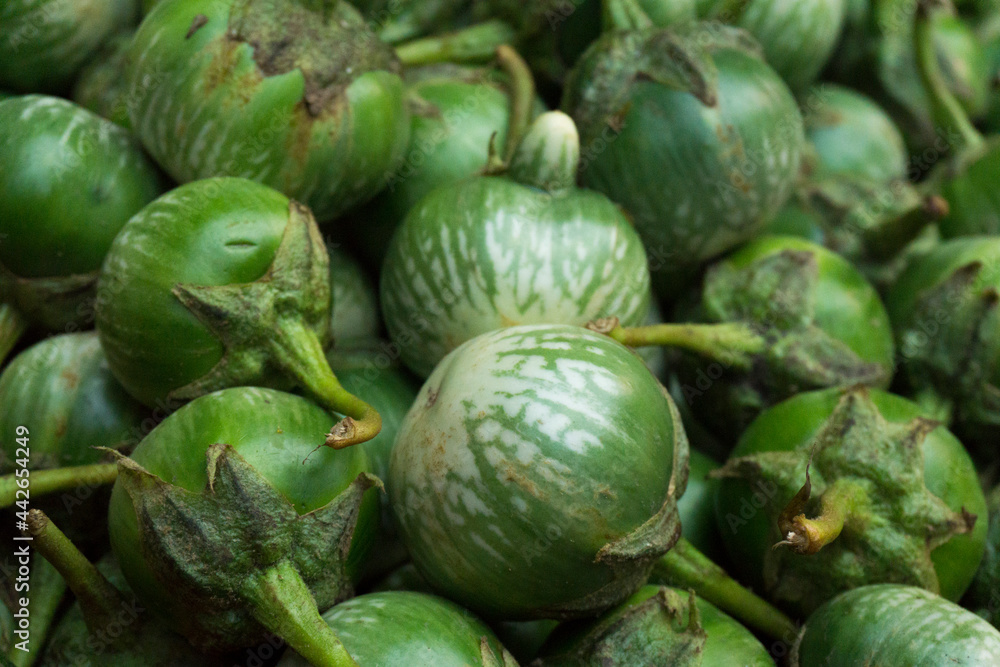 Pile of fresh green eggplant in traditional market stall Pile of fresh green eggplant in traditional market stall