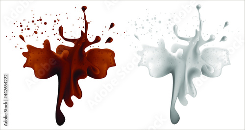 Realistic vector illustration of yogurt and chocolate splash. Isolated image of a splash with splashes. 
