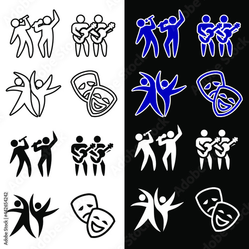 Vector illustration of icons with dancing and singing people. Isolated image of characters with people.