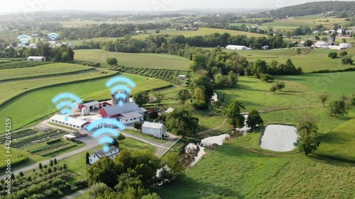 Rural broadband expansion investment. Agriculture farm community in countryside. Wifi symbols shows internet connection. Aerial drone view in summer. photo