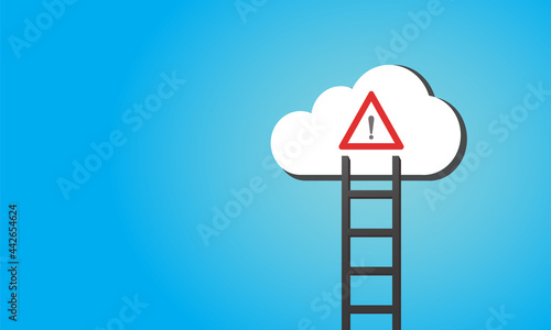 Vector of white cloud and its black shadow with stair step ladder to it and caution sign symbol with red frame in blue background. Business Cloud adoption security, risk and awareness concept.