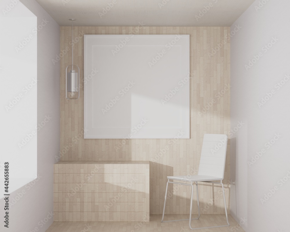 Fototapeta premium 3D living room and chair with blank photo frame