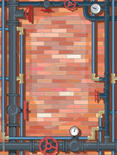 Pipeline. Frame with place for text with brick background. Water fittings. Pipeline for various purposes. Illustration vector