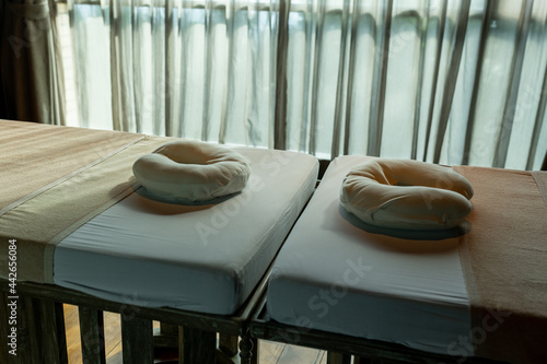 Fotografija Massage table in fitness center, interior photos.