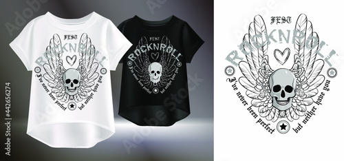 Vector illustration of a t-shirt with text and the image of a skull with wings. Isolated image of clothing with original design.