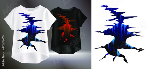 Realistic vector illustration of a female t-shirt with a picture of a rift. Isolated image of clothing with original design.