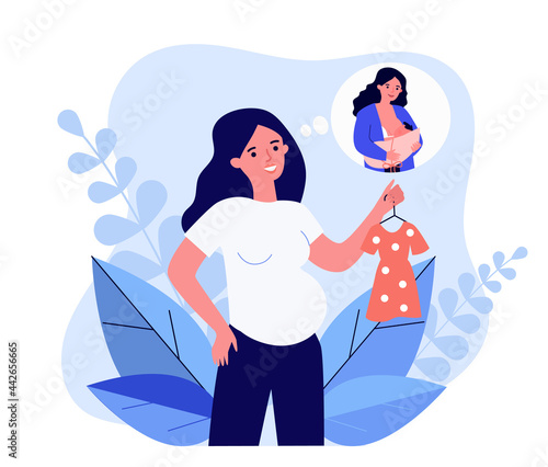 Pregnant woman holding clothes for future child. Female breastfeeding newborn in thought bubble flat vector illustration. Pregnancy, motherhood concept for banner, website design or landing web page