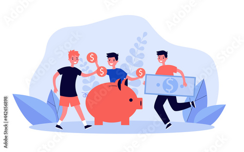 Children putting coins and banknotes into piggybank. Cartoon boys saving money in moneybox flat vector illustration. Finances, economy, education concept for banner, website design or landing page
