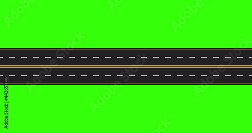 Asphalt road for cars with road markings. View from above. 4K animation. Green screen