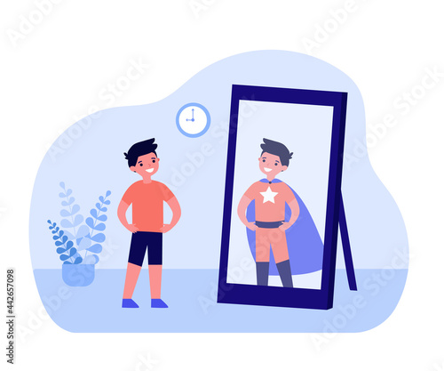 Smiling boy looking in mirror and seeing superhero. Kid standing in front of mirror, child in superhero costume flat vector illustration. Childhood, imagination concept for banner, website design