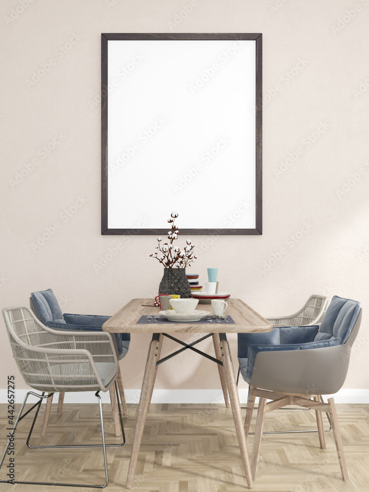 Fototapeta premium 3D dining room with blank photo frame