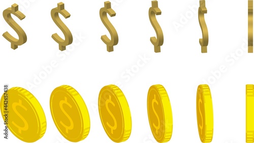 様々な角度の金色のドルマークのアイソメトリックスタイルのコインのセット