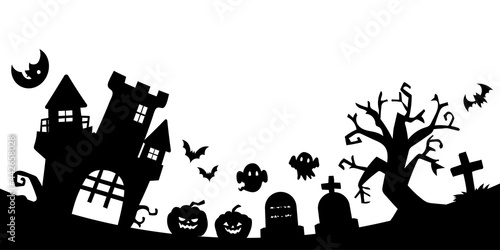 ハロウィンモチーフを並べた横長シルエットイラスト