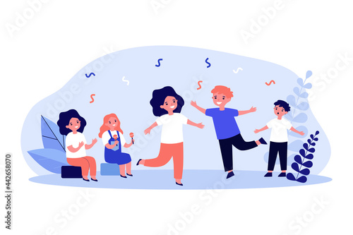 Adorable cartoon children dancing. Girl playing maracas, boy singing, kid clapping flat vector illustration. Entertainment, performance, music concept for banner, website design or landing web page