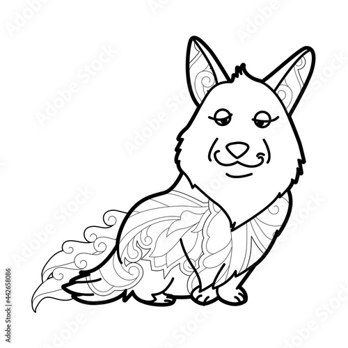 Contour linear illustration with animal for coloring book. Cute dog, anti stress picture. Line art design for adult or kids  in zentangle style and coloring page.
